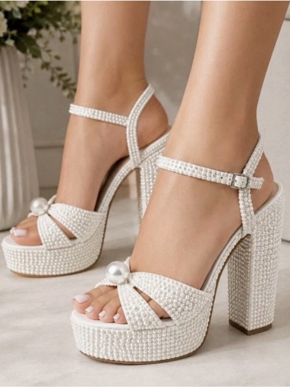 Gianni Bini White Pearl-Embellished Platform Heels. Size 9